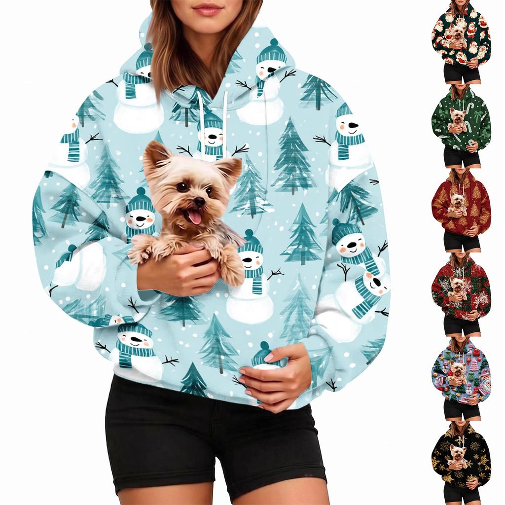 Women's Stylish Christmas Print Hoodie with Pet Pocket, Casual Holiday Pullover for Winter Wear