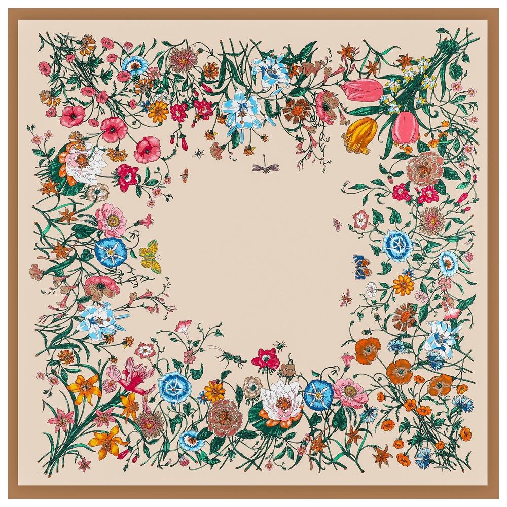 130*130cm Luxury Floral Print Russian National Square Scarf Women Twill Silk Shawl Scarves Female Fourlard Bandana Wraps