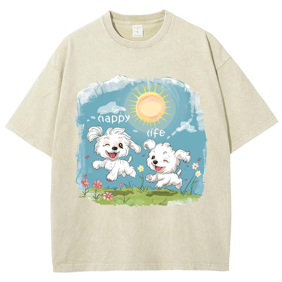 Summer Women's T-Shirt Cartoon Puppy Playful Print Y2K Oversized Crew Neck Short Sleeve Wash Unisex Casual Fairy Top