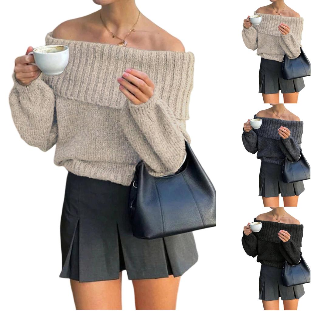 Women's Casual Fashion One-shoulder Solid Color Slim Long-sleeved Knitted Sweater
