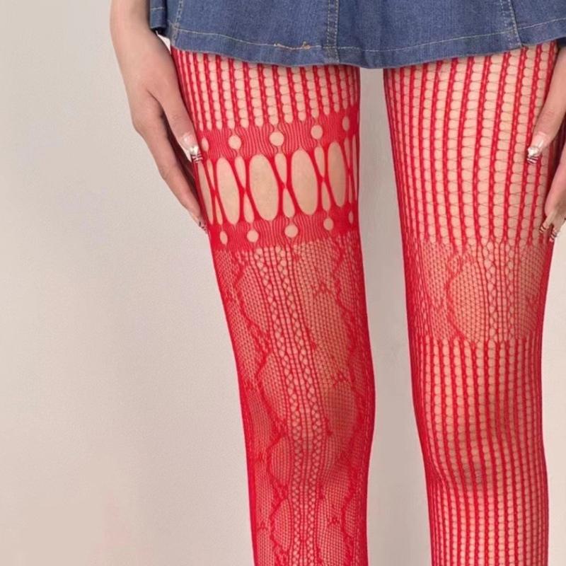 Women's Aesthetic Irregular Fishnet Tights Hollowed Mesh Stockings Heart Striped Patterned Lace Sheer Pantyhose Lingerie