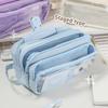 Staged Type Pencil Bag Pen Case 3 Compartment Transparent Front Cream Color Storage Pouch for Stationery School