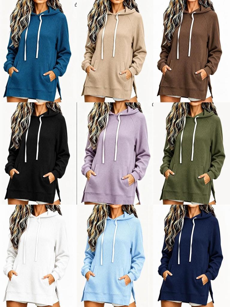 European & American Women's Waffle Knit Hooded Drawstring Pullover Sweatshirt - Autumn/Winter, Loose Fit with Pockets.