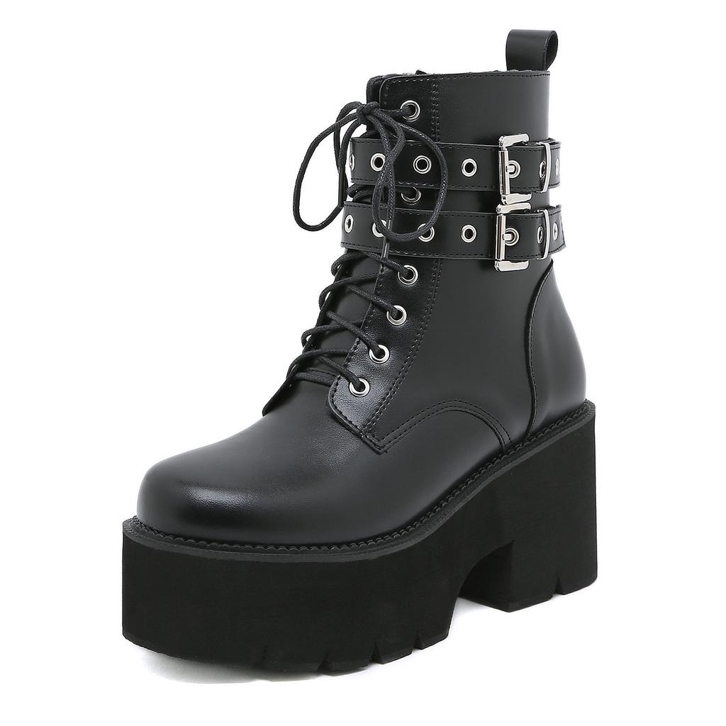 Women Leather Motorcycle Boots Thick Heel Waterproof Platform Martin Boots Metal Belt Buckle High-Heeled Short Boots Women Shoes