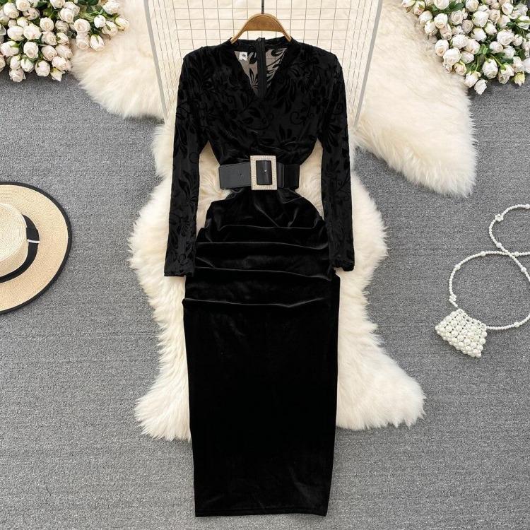 New Autumn Celebrity Temperament V Neck High Waist Dress with Bronzing Printing Fold Stitching and False Two Bag Hip Design