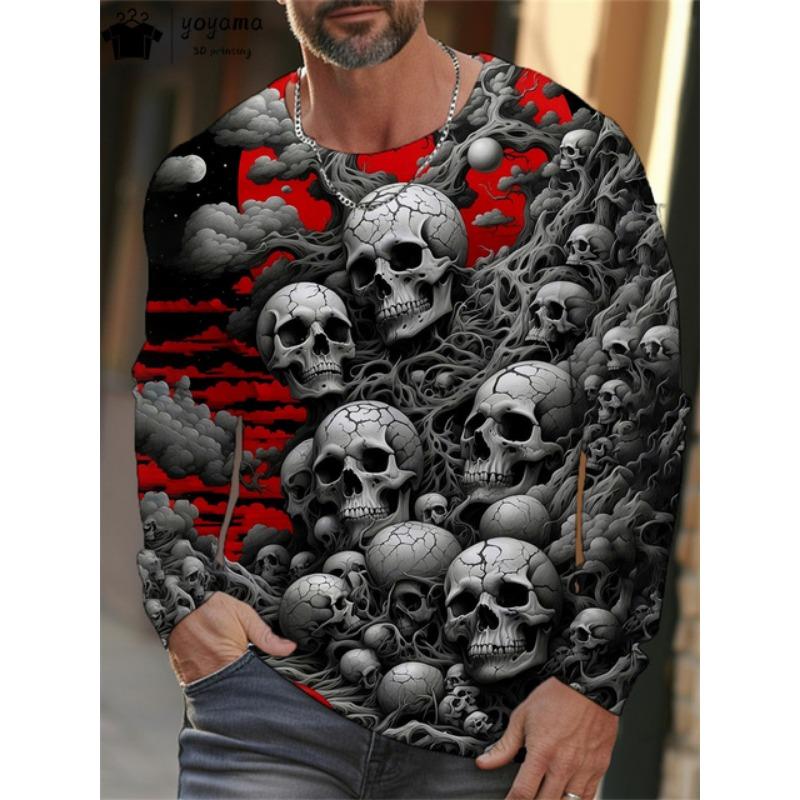 Skull Print Men's Clothing Casual 3D Print Men's Long Sleeve T-shirt Mens Clothing Vintage T Shirt Men Skull Graphic T Shirts