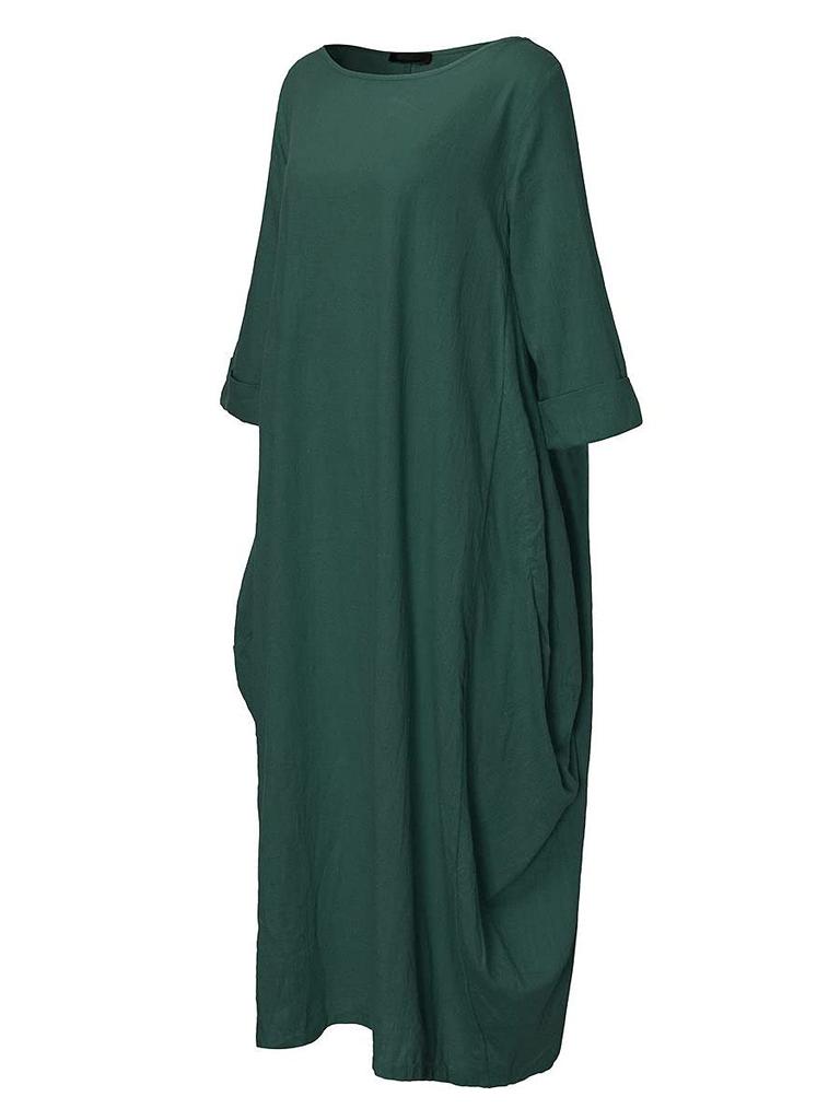 Cotton Linen Plus Size Solid Color Extra Long Dress Loose Dress [JINJUDUO] (Green, XL)