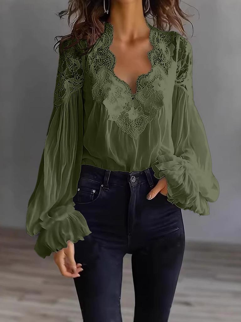 Damen Bluse mit muschelförmigem V-Ausschnitt, floraler Spitze, eingesetzten Puffärmeln, langen Ärmeln und Rüschenbündchen
