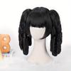 Black Double Braided Ponytail Wig Slant Bangs Spiral Curly Fluffy Layered Glossy Soft Synthetic Cosplay Anime