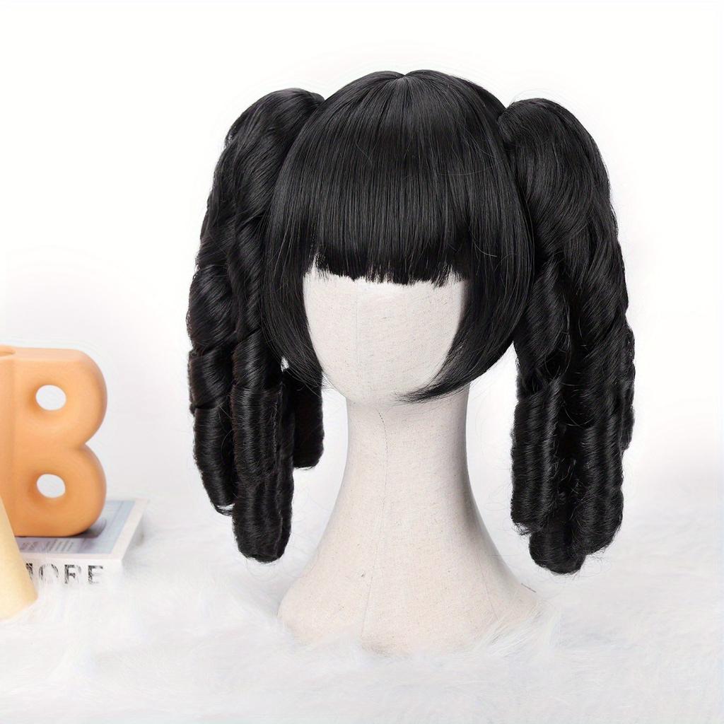 Black Double Braided Ponytail Wig Slant Bangs Spiral Curly Fluffy Layered Glossy Soft Synthetic Cosplay Anime