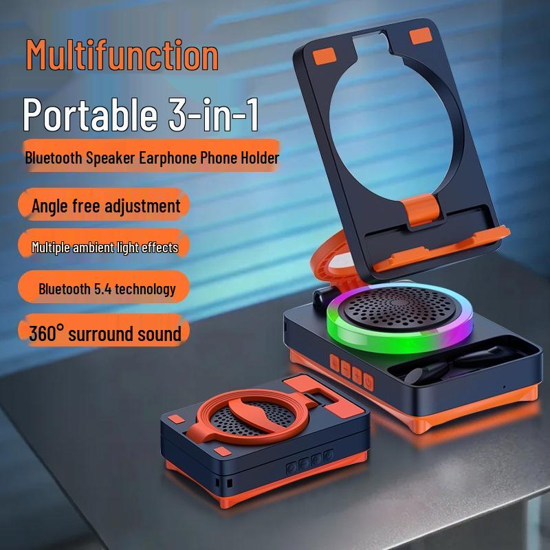 

Compact 3-in-1 Bluetooth Speaker & Phone Holder with Ambient Light, Foldable Design - Model TF27BOX