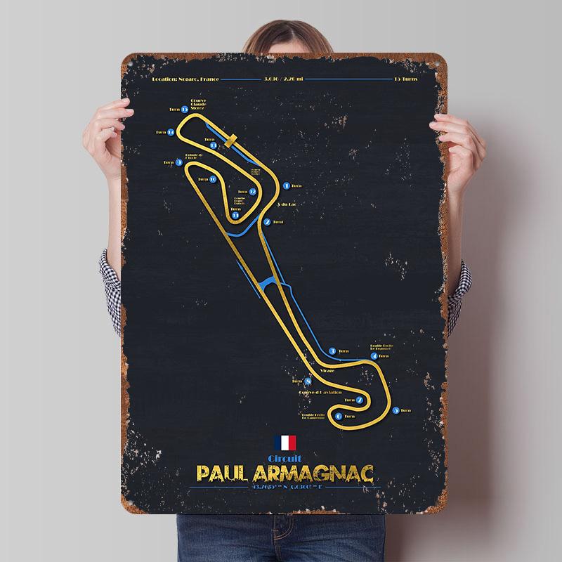 Paul Armagnac Circuit Map Poster Customized Wall Art Vintage Metal Signs Retro Tin Plaque for Man Cave Apartment Decoration Room
