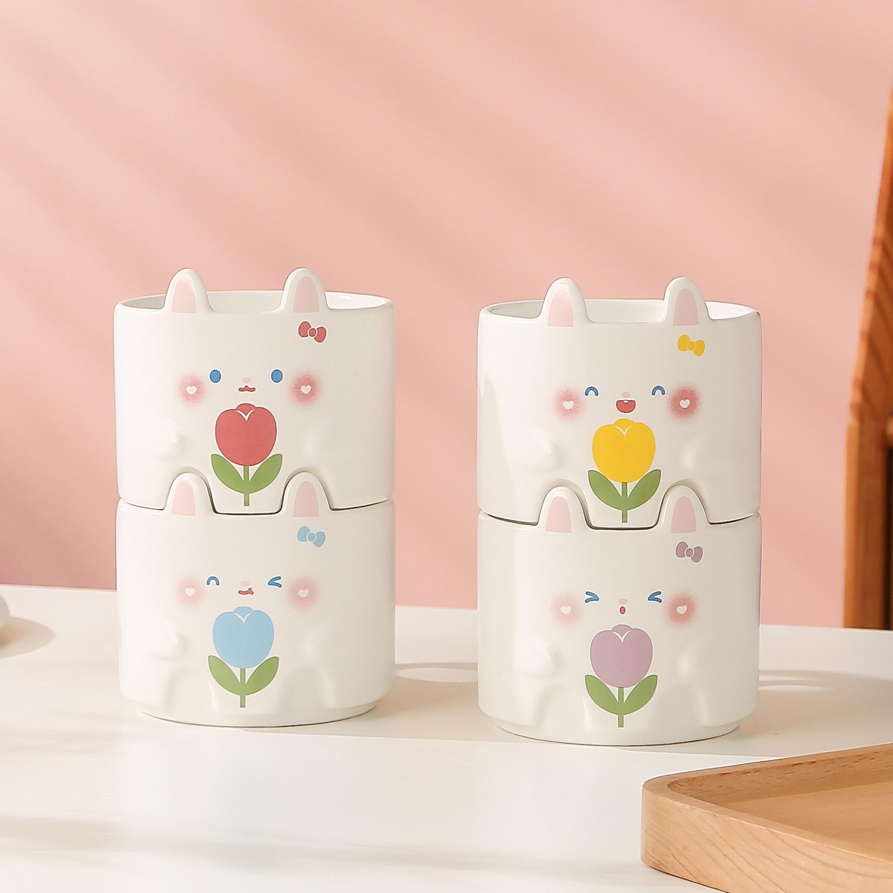 Cartoon Little Rabbit Ceramic Mug Creative Stacked Cups High Beauty Office Coffee Cup with Hand Gift Couple Mugs Birthday Gift 201-300ml