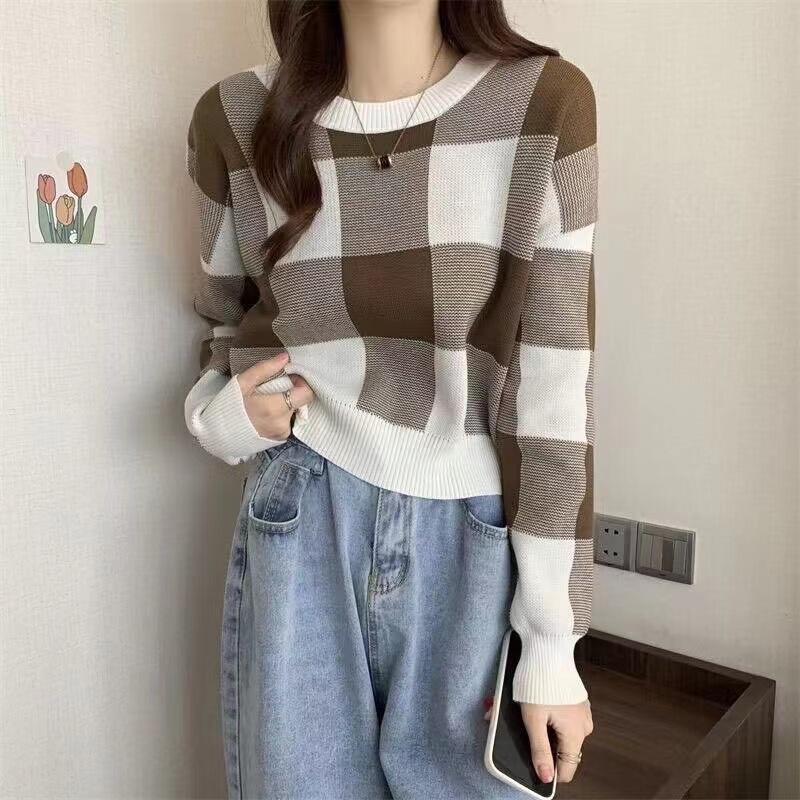 Autumn Winter Vintage Knitwear Crop Tops Women Pullover Sweaters Fashion Female Long Sleeve Elastic Casual Plaid Knitted Shirts