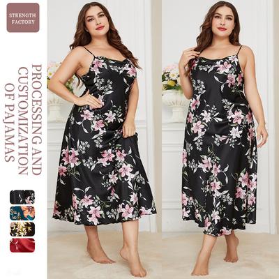 Plus Size Women's Summer Ice Silk Sleep Dress Fashion Casual Loungewear Floral Printed Camisole Dress