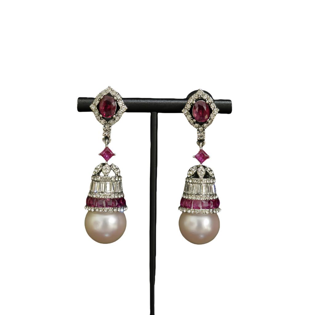 Exquisite Luxury Pearl & Diamond Stud Earrings in Copper with Silver Needle Design