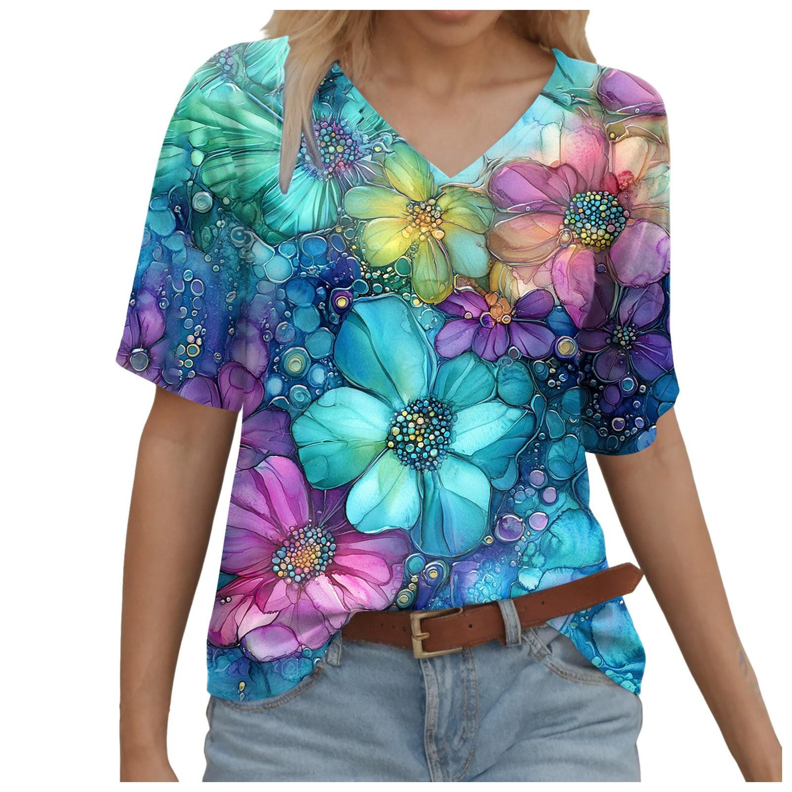 

Женская модная рубашка с цветочным принтом, V-образным вырезом, короткими рукавами, свободного кроя, модная рубашка с цветами, весенне-летняя женская одежда XXL