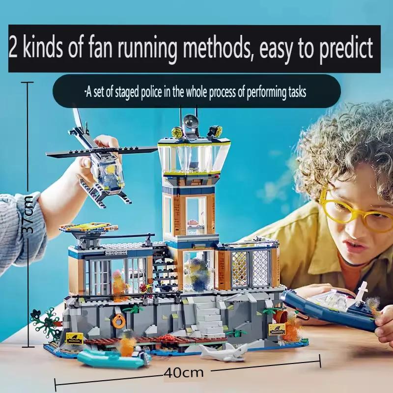 Suitable for 60419 City Police Station Sea Prison Island Building Set Helicopter Boat Shark Brick Toy Childrens Christmas Gift