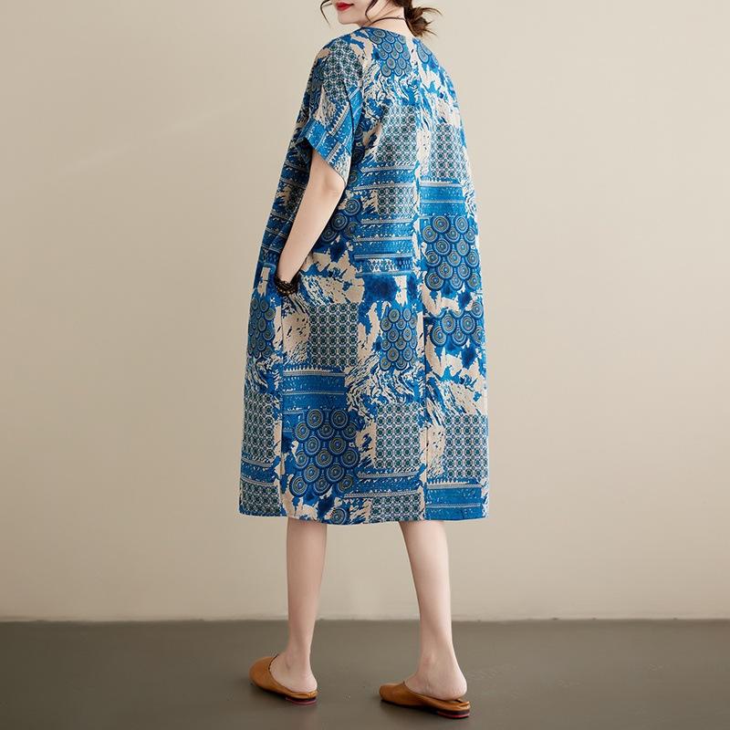 Rochie de vară retro artistică până la genunchi din bumbac și cânepă pentru femei