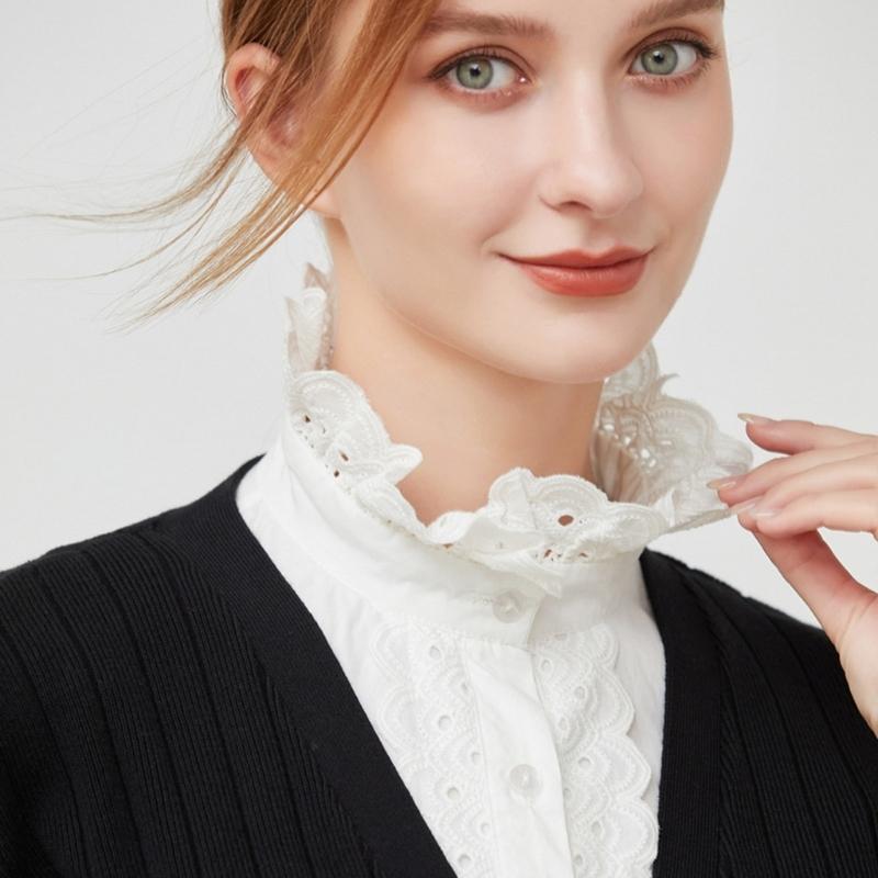 Womens Detachable Fake Collar White Blouses Half Shirt Elegant Ruffled Lace Patchwork French Style Neckwear Accessory