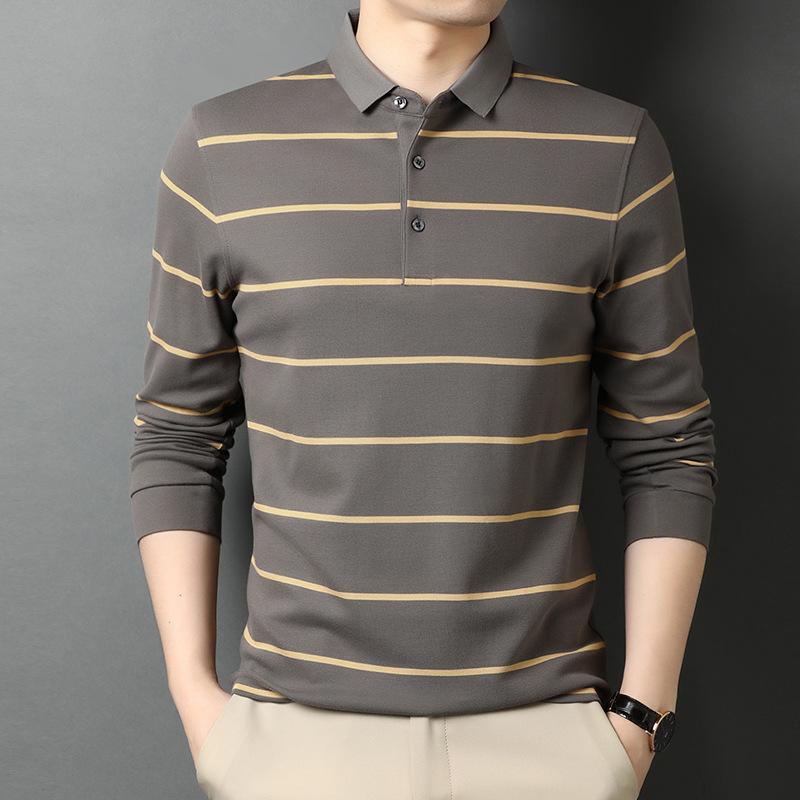 Spring New Cotton Handsome Men's Long Sleeve Polo Collar Stripes T-shirt Trendy Casual Fashion Men's T-shirt