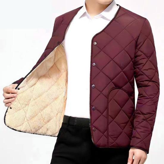 Men Cotton Coat O-Neck Long Sleeve Diamond-Shaped Stitching Button Placket Coat Solid