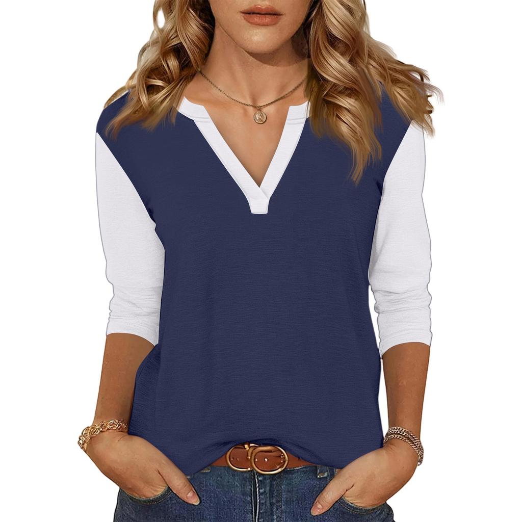 Women's Casual Fashion Sexy Comfortable V-neck Stitching Color Three-quarter Sleeve Top