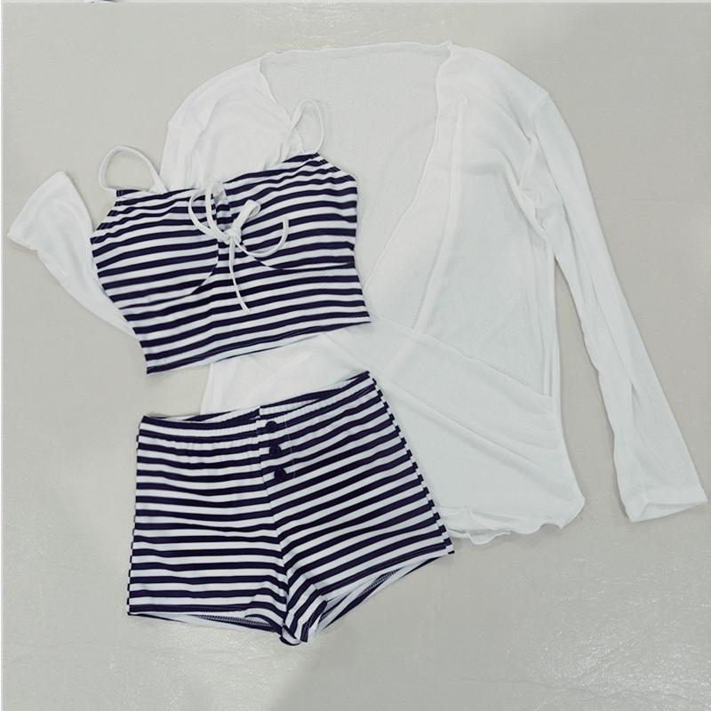 Women's Retro Striped Two-Piece Long Sleeve Swimsuit - Tummy Concealing High-Waisted Vacation Cover-Up