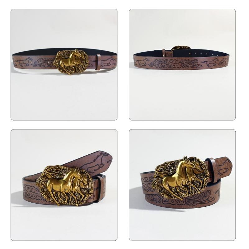 Waist Belt Punk Chain for Cowboy Cowgirl Carved Horse Buckle Retro Floral Buckle Waist Chain Belt