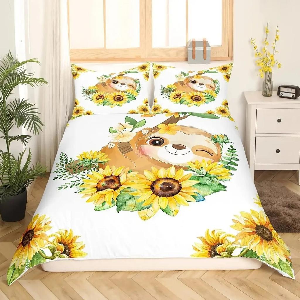 Kids Sloth Duvet Cover Set Queen King Size Cute Animal Pattern Polyester Comforter Cover Branches Winter Theme for Boys Girls