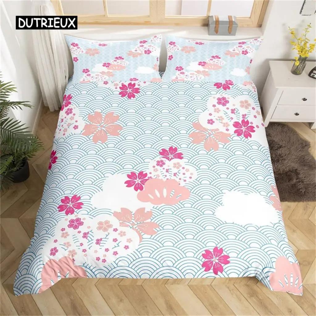 Set Biancheria da Letto Fiore di Ciliegio Giapponese Pittura Paesaggistica Set Copripiumino Stile Copripiumino Poliestere Coperta Trapuntata Artistica Camera da Letto
