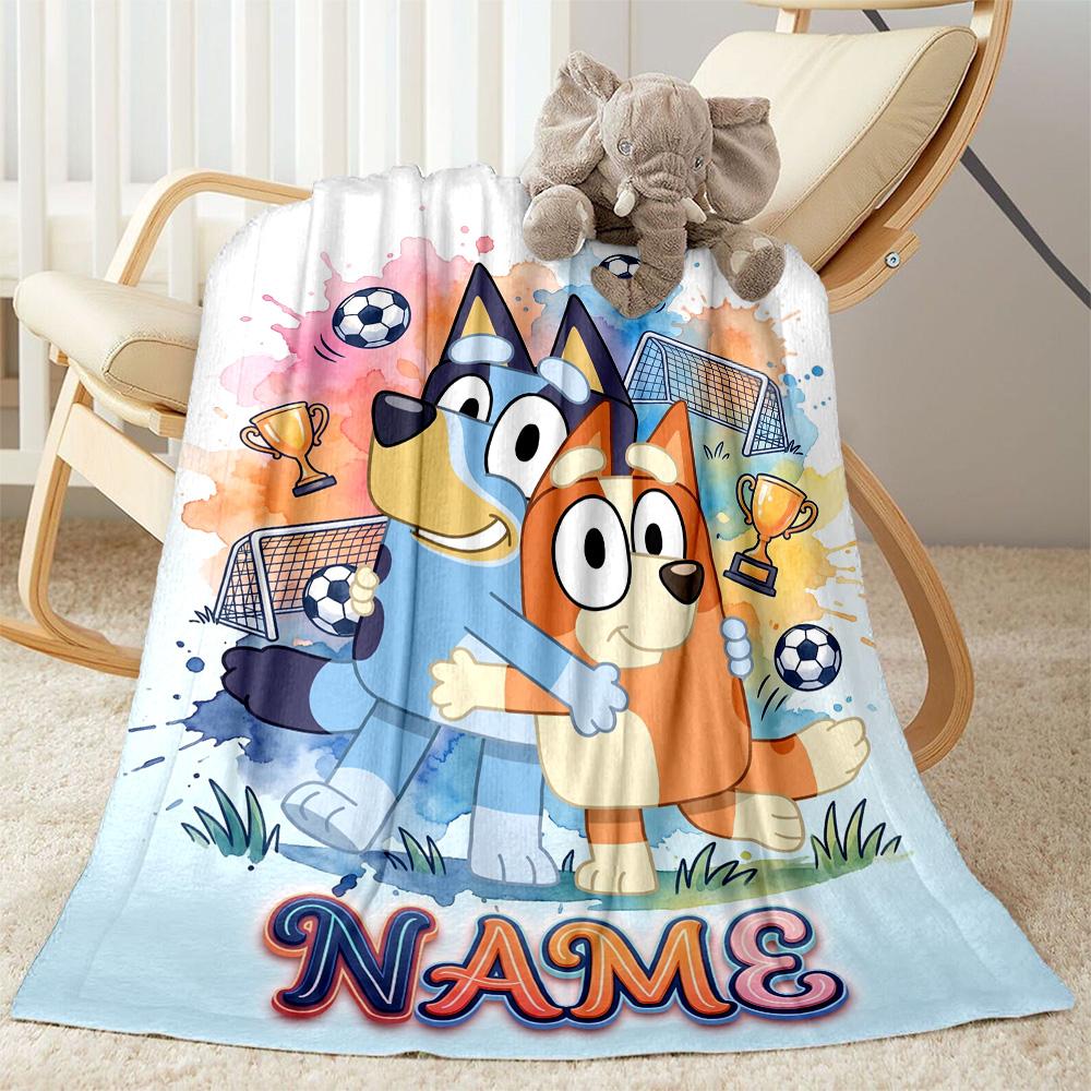 Bluey's Soccer Adventure Customize Your Name Blanket Gift Personalized Blanket Comfortable Versatile for Office Chair Couch Nap Picnics