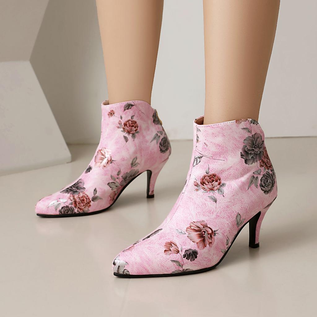 Concise Women's Ankle Boots Floral Print Heels Shoes PU Pointed Toe Footwear 2024 Autumn Winter New