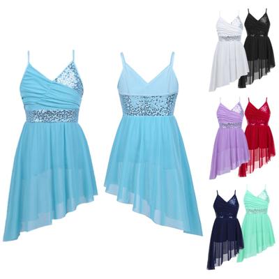 Girls Shoulder Straps V-Neck Sequined Irregular Hem Latin Dance Costumes Kids Lyrical Fancy Party Dress