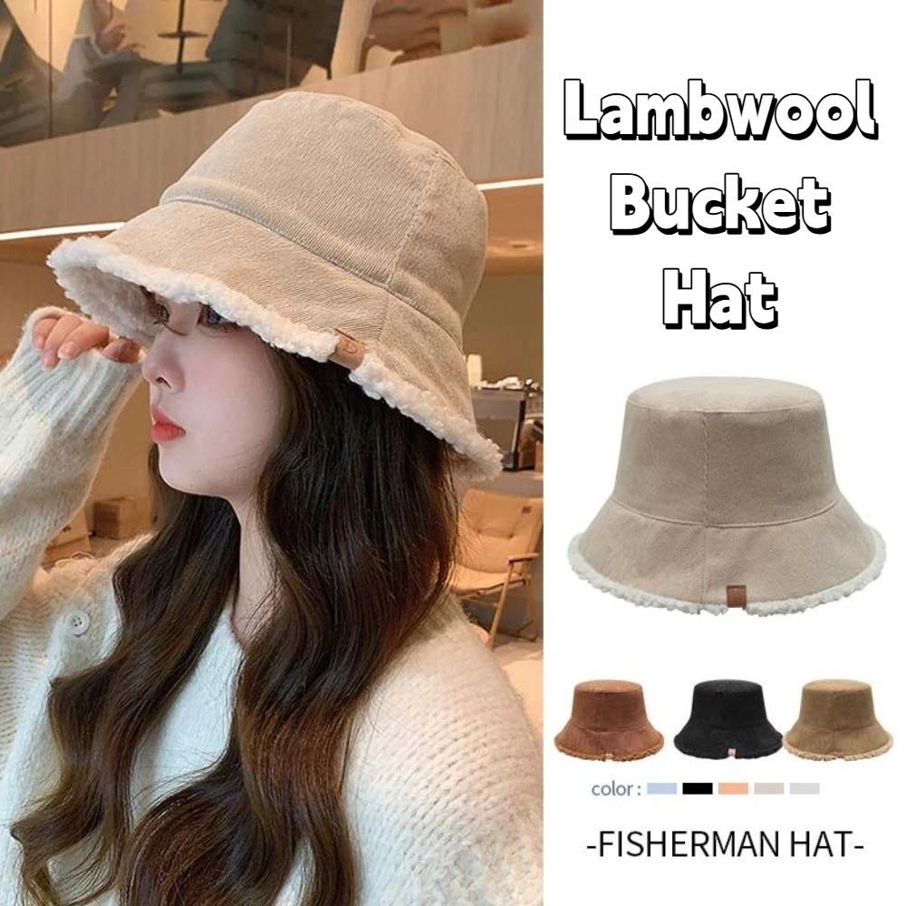 Casual Lamb Wool Bucket Hat Sun Protection Female Hats Winter Soft Plush Fishman Hat  Girl
