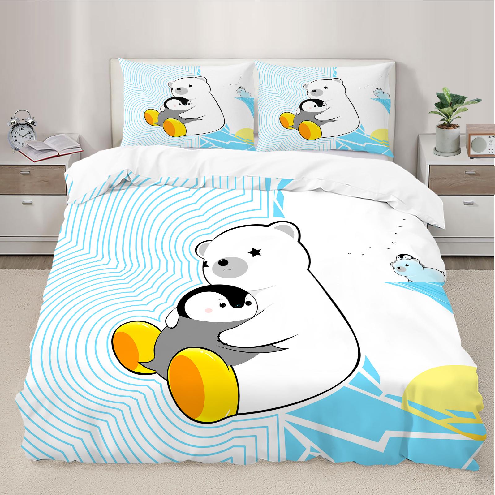 

Penguin and Bear Printed Duvet Cover Set Cartoon Animal Theme Bedding Set No Filler Perfect for Teenagers Bedroom Decoration UK-Single(135x200cm)&set