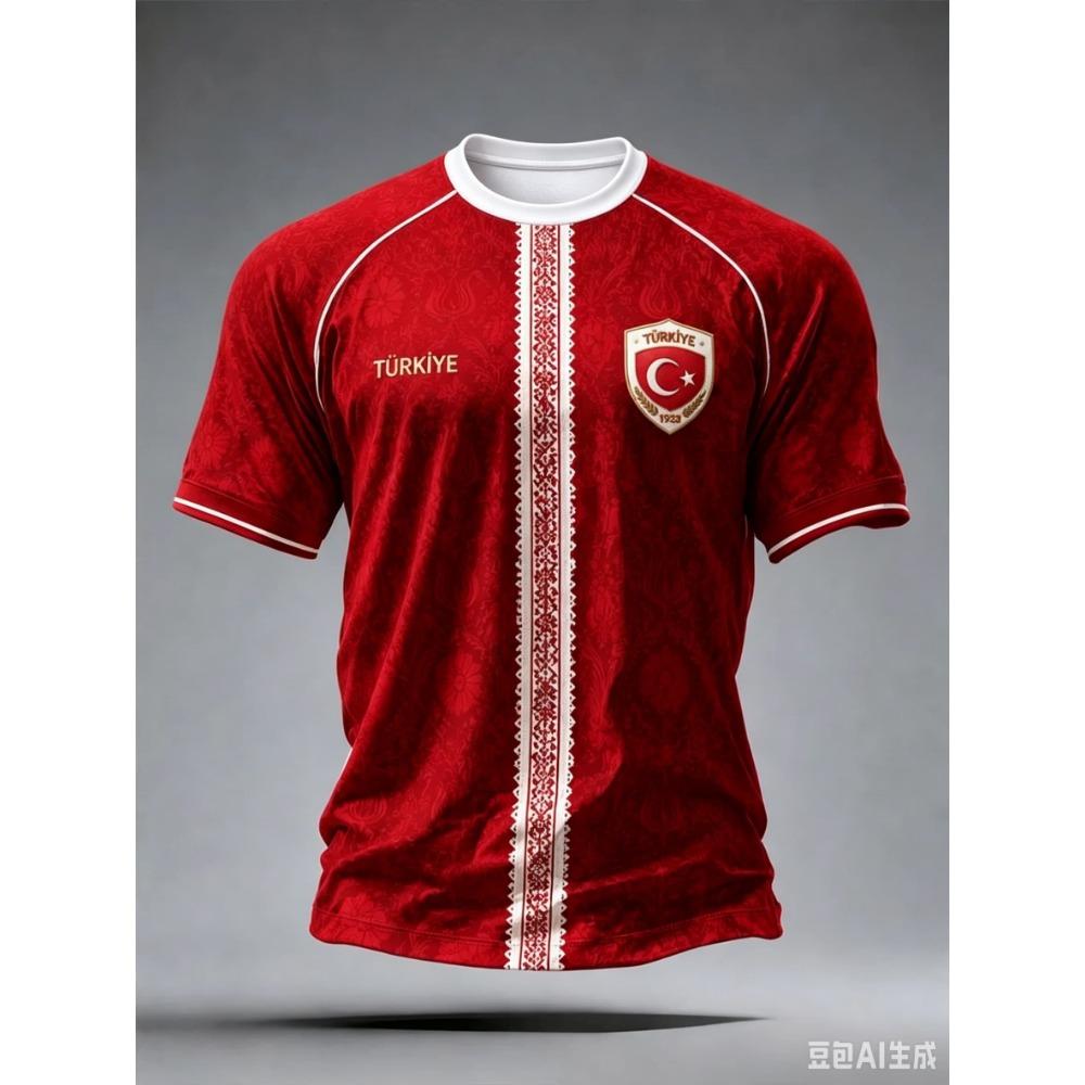 Türkei Fußballtrikot Rot Vollprint TÜRKIYE Halbmondstern Abzeichen Goldene Linie Ärmelmanschette Sportfan Kurzarm Unisex Oberteile Kleidung