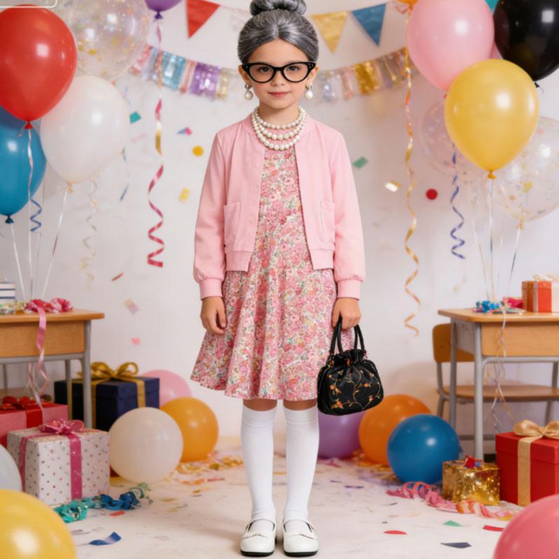 Baby Girl Celebrating 100th School Days Funny Cosplay Costumes Dress Granny Girl Cosplay Floral Old Lady Dress Up With Cane