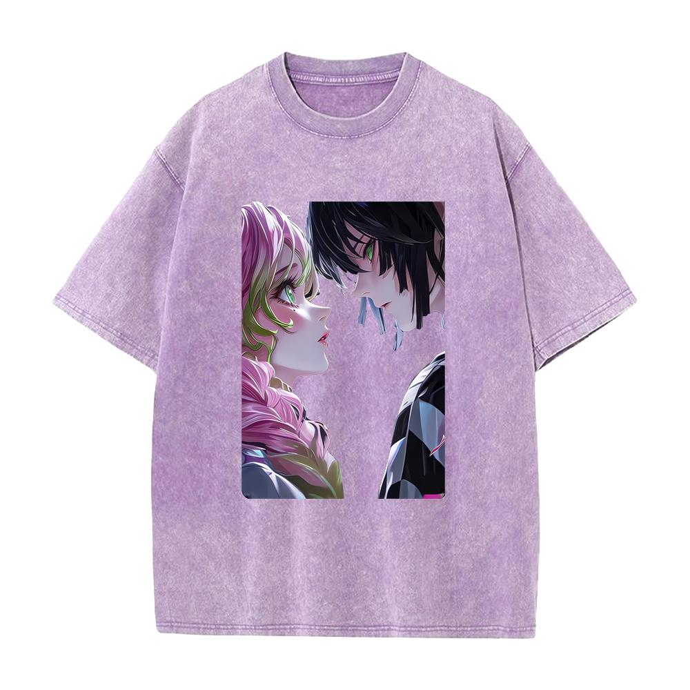 Iguro Obanai Kanroji Mitsuri Demon Slayer Print T-shirt Men Women Short Sleeve Clothing Cotton Tshirt Harajuku Washed Tops Tee
