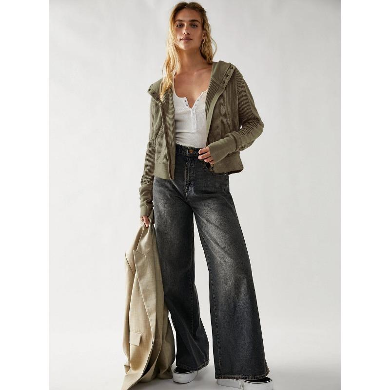 Jacket Patchwork Sweatshirt Women's Hooded Sweatshirt Slouchy Style Zipper Hoodie Short Knitwear