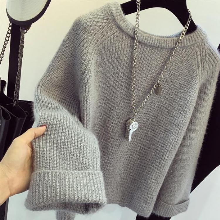 

Корейский свободный женский нижний свитер для студенческого пуловера с круглым вырезом, однотонные свитера, высокая Strecth One Size серый