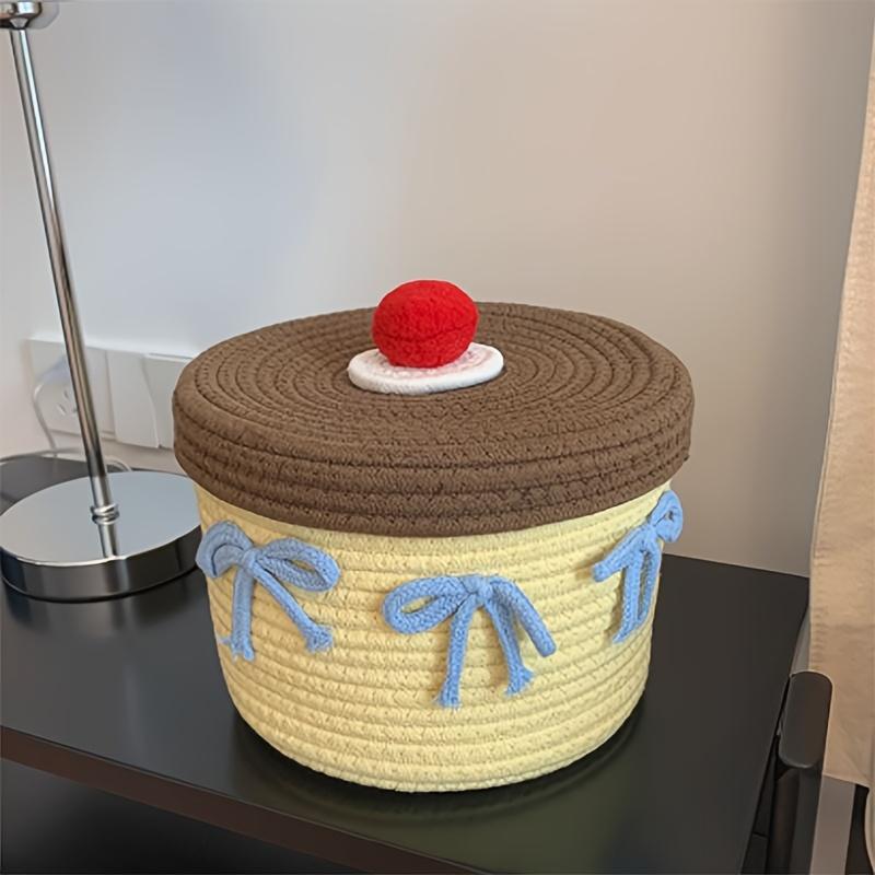 Handmade Woven Round Yellow Cute Yarn Storage Basket with Lid, Dustproof Desktop Organizer, Decorative Storage Box.