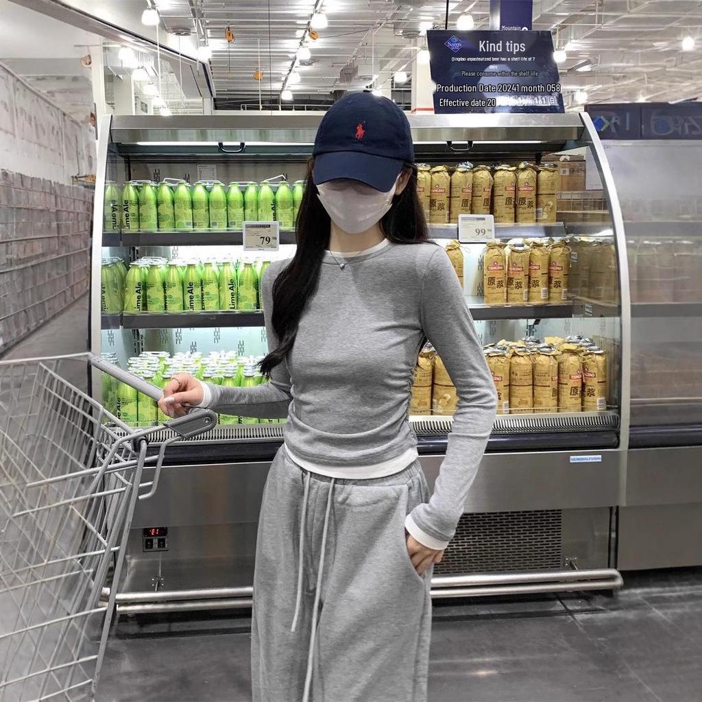 Women's Retro Spliced Pleated Two-Piece Long-Sleeve T-Shirt