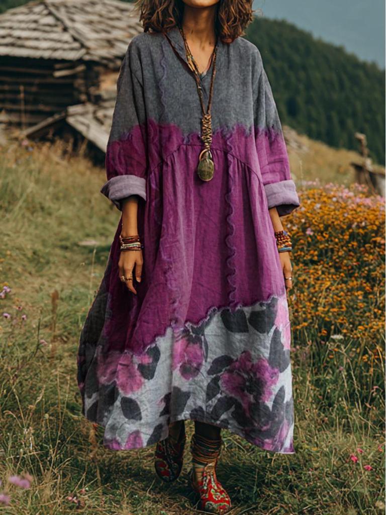 Retro Böhmisches V-Ausschnitt Ethnisches Stil Kleid - Europäischer & Amerikanischer Lässiger Lockerer Schnitt
