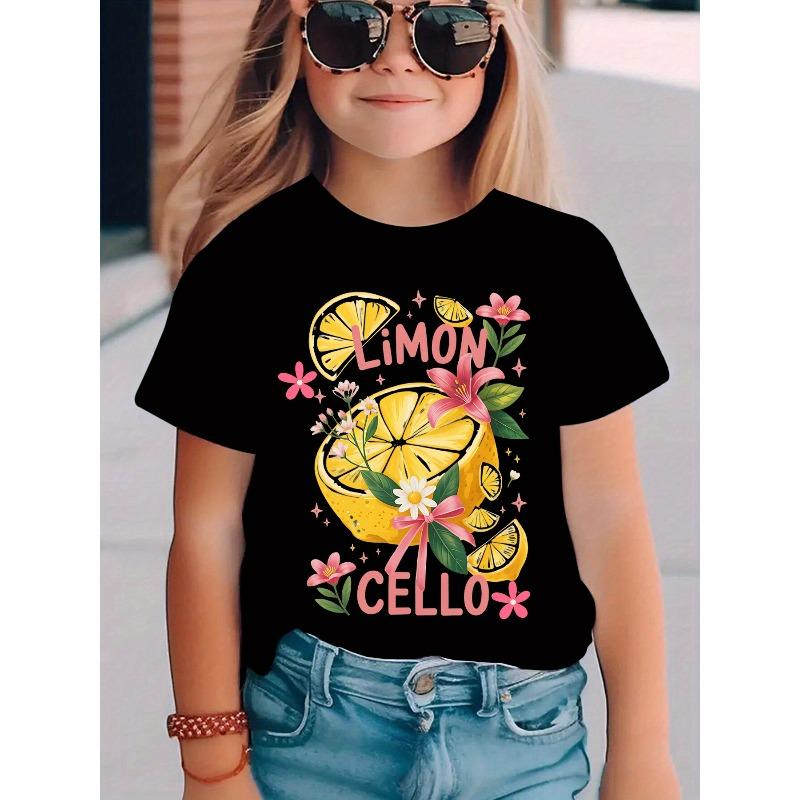 

European sizes Girls Summer Fashion Short Sleeve T-Shirt | LIMON CELLO Surrounded by Floral Elements, Casual Crew Neck Knit Top 98cm чёрный