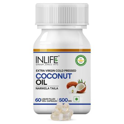 INLIFE Coconut Oil Capsules 500mg, Extra Virgin Cold Pressed, 60 Count