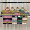 Dünnes Strick-T-Shirt mit hohlen Einsätzen und kurzen Ärmeln für Damen Sommer Bunt gestreift Puffärmel Kleines Shirt Oberteile Lässige Slim-Fit Pullover Tees