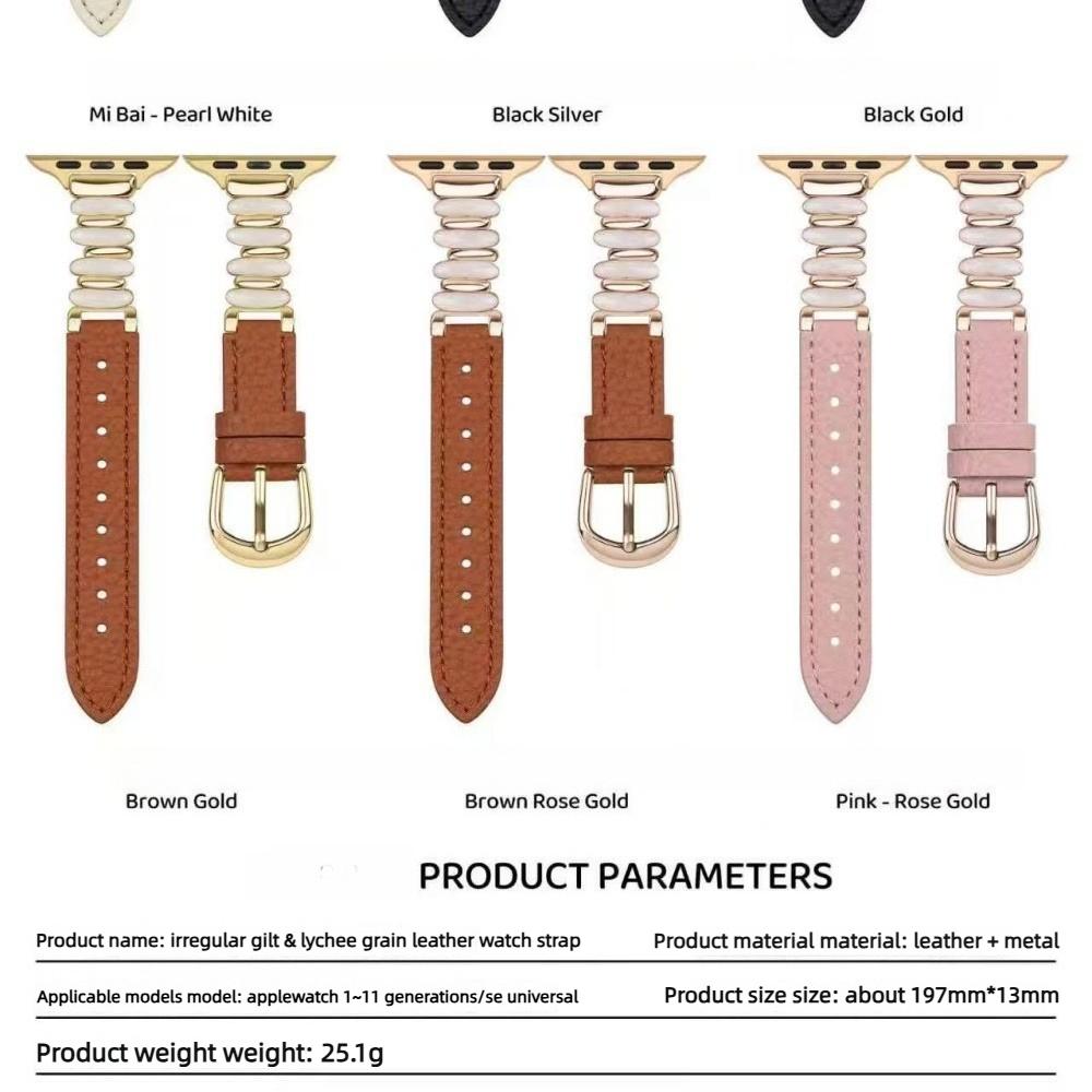 Women Luminous Moon White Beaded Lychee Grain Spliced Leather Slim Strap for Apple Watch Series12 11 10 SE1 2 3/Ultra4 3 2 38/42/44/45/49 mm