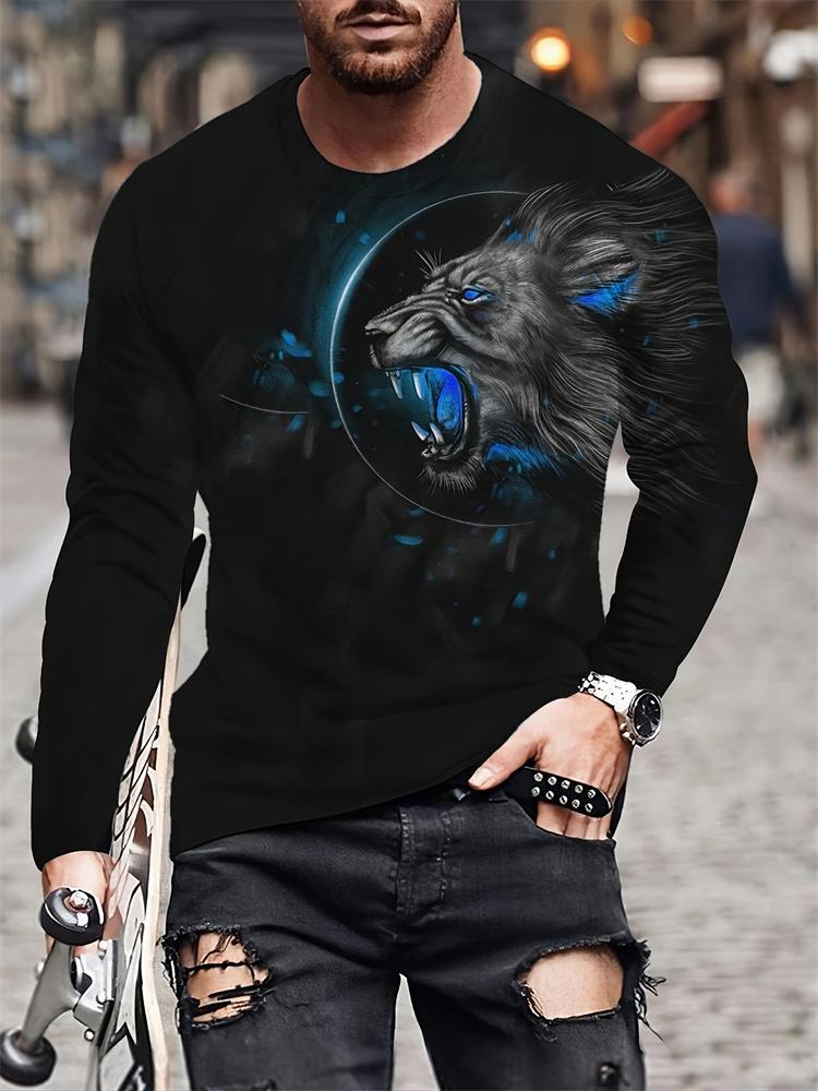 Men Black & White Lion Print Long Sleeve T‑Shirt Spring & Autumn Daily Casual Streetwear Top