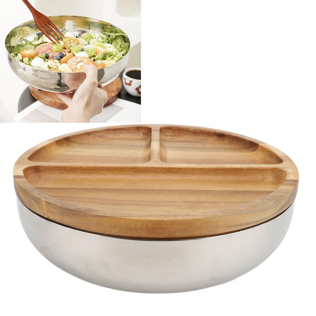 304 Stainless Steel Mixing Bowl Serving Bowl With Wood Lid Food Storage Salad Bowl For Kitchen Cooki